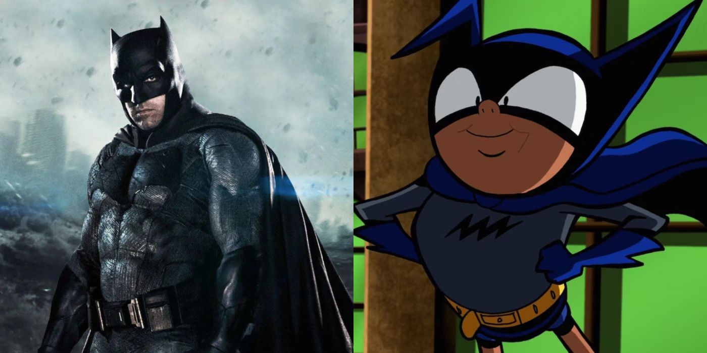 Split image of Ben Affleck&rsquo;s Batman and Bat-mite.