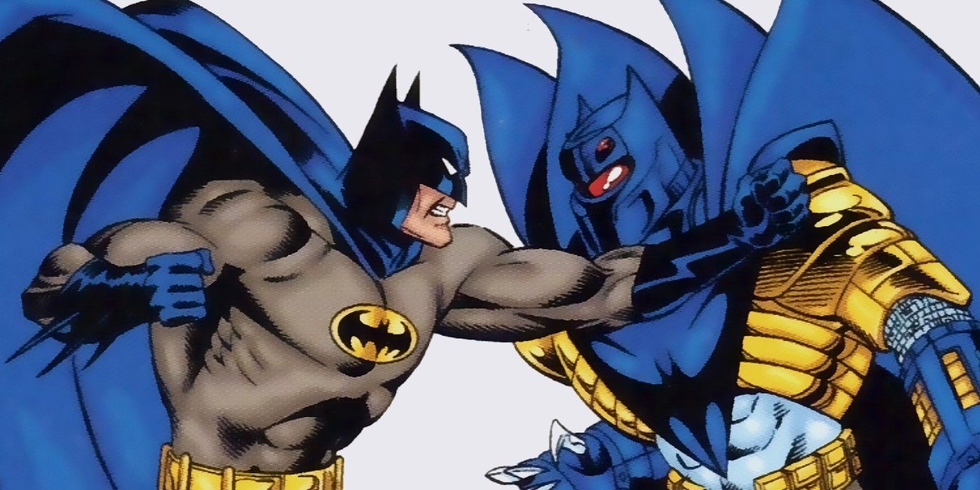 Batman fights Azrael in DC Comics.