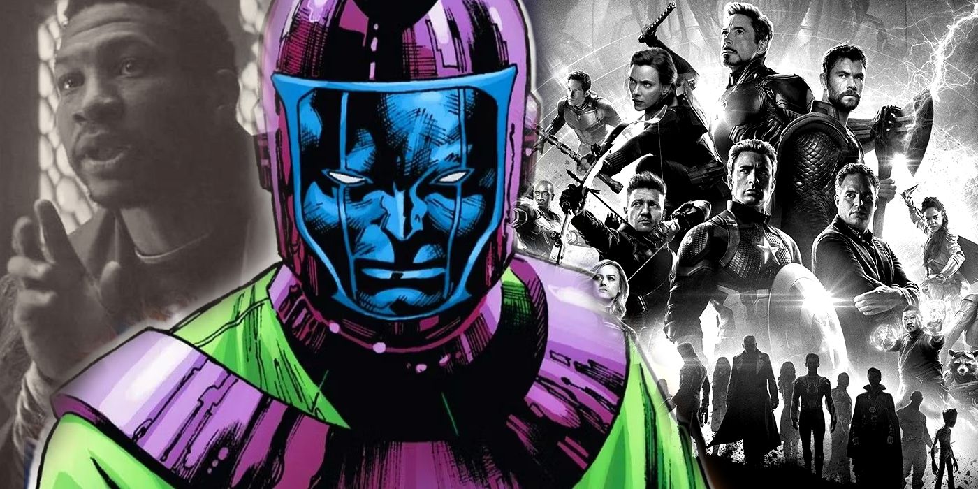 Jonathan Majors as Kang, Kang from the comics, and a black-and-white poster of the Avengers
