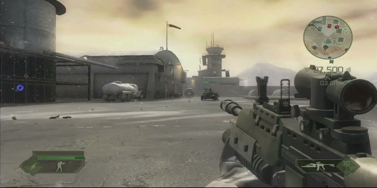Battlefield 2 Modern Combat screenshot with the character holding a scoped rifle in first person.