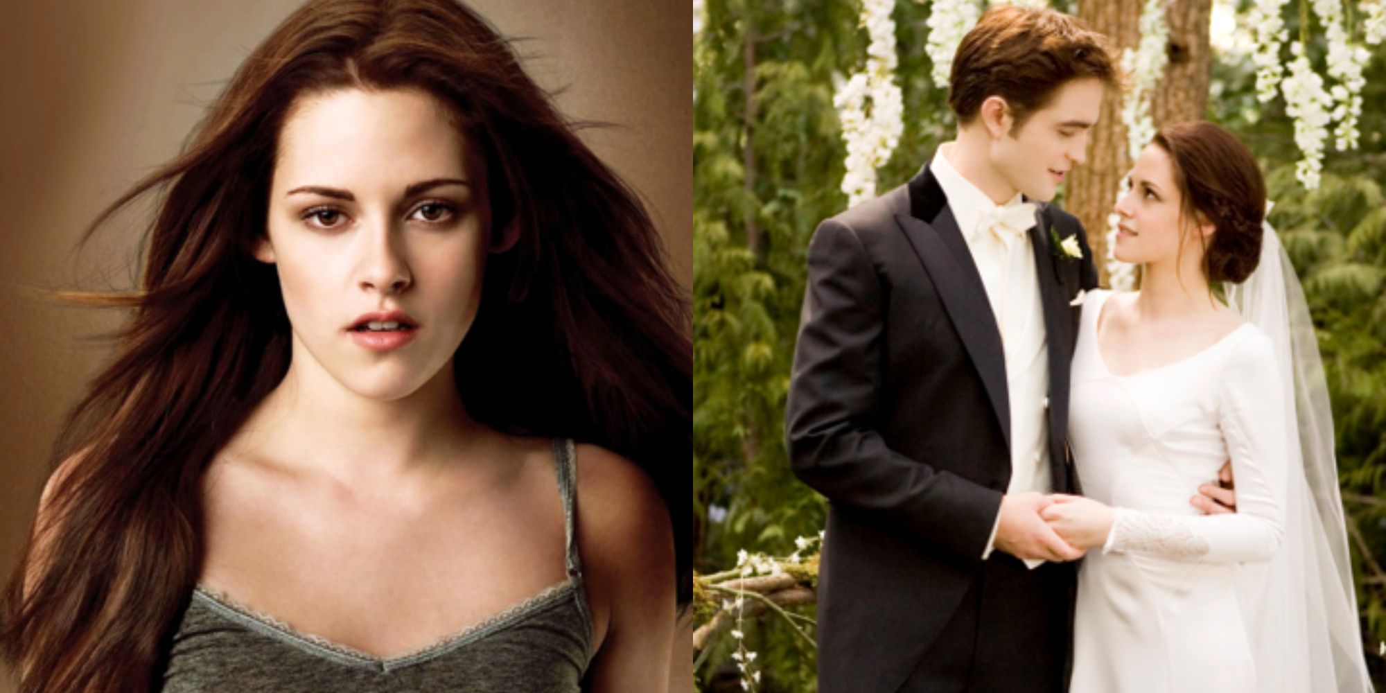 Split image showing Bella Swan alone and at her wedding to Edward in The Twilight Saga