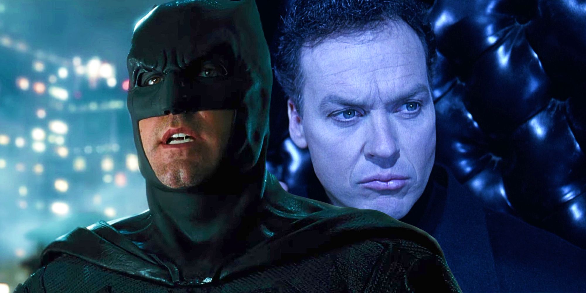 Ben Affleck como Batman em Liga da Justiça e Michael Keaton como Batman em Batman Returns