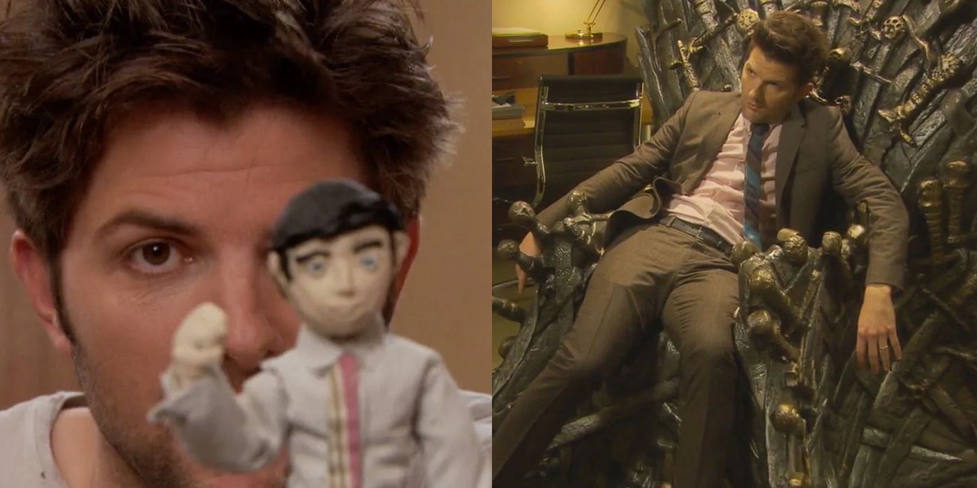 Ben Wyatt depressed, holding up his claymation model; Ben Wyatt on the Iron Throne