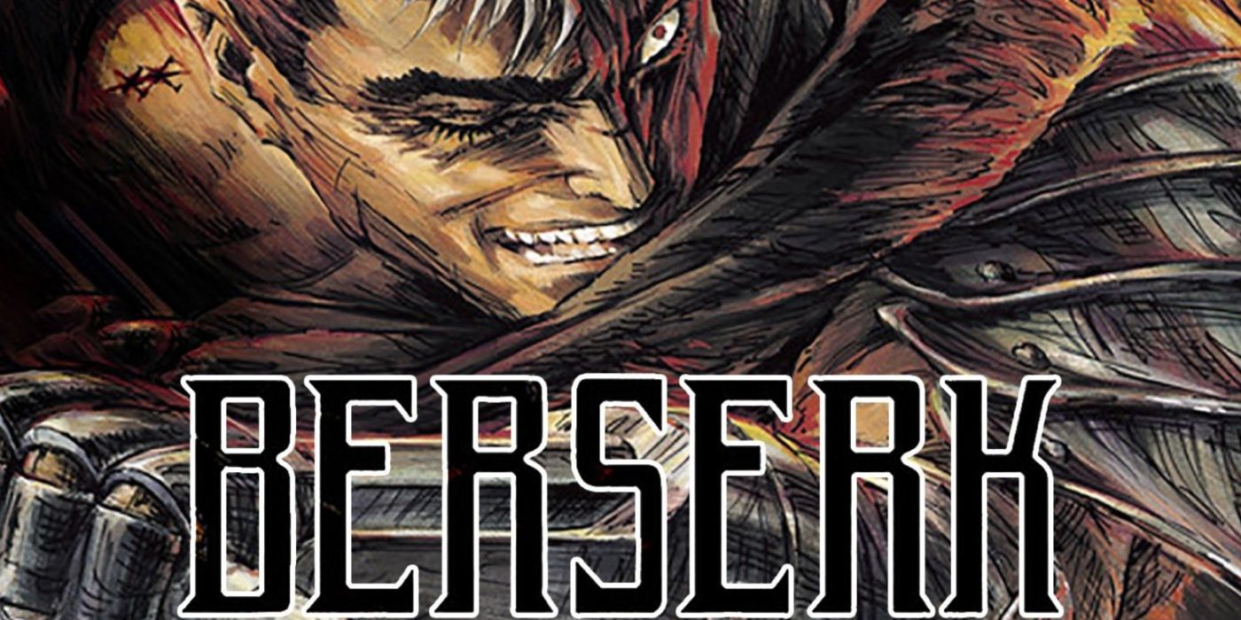 Berserk anime key art featuring Guts armored and swinging his sword.