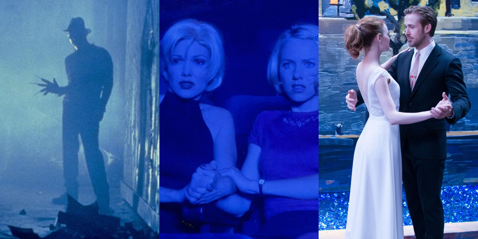 Side by side stills from A Nightmare On Elm Street, Mulholland Drive, and La La Land