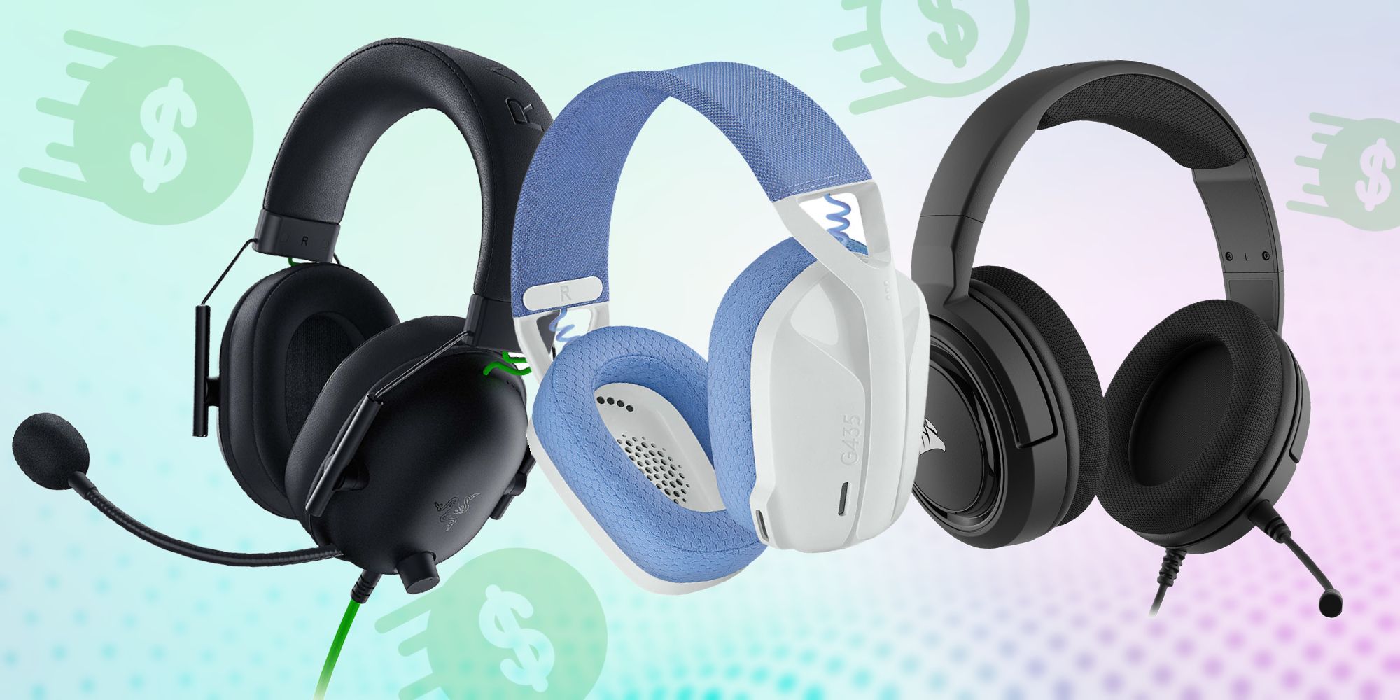 Three gaming headsets, two black and one white, are pictured surrounded by money signs.