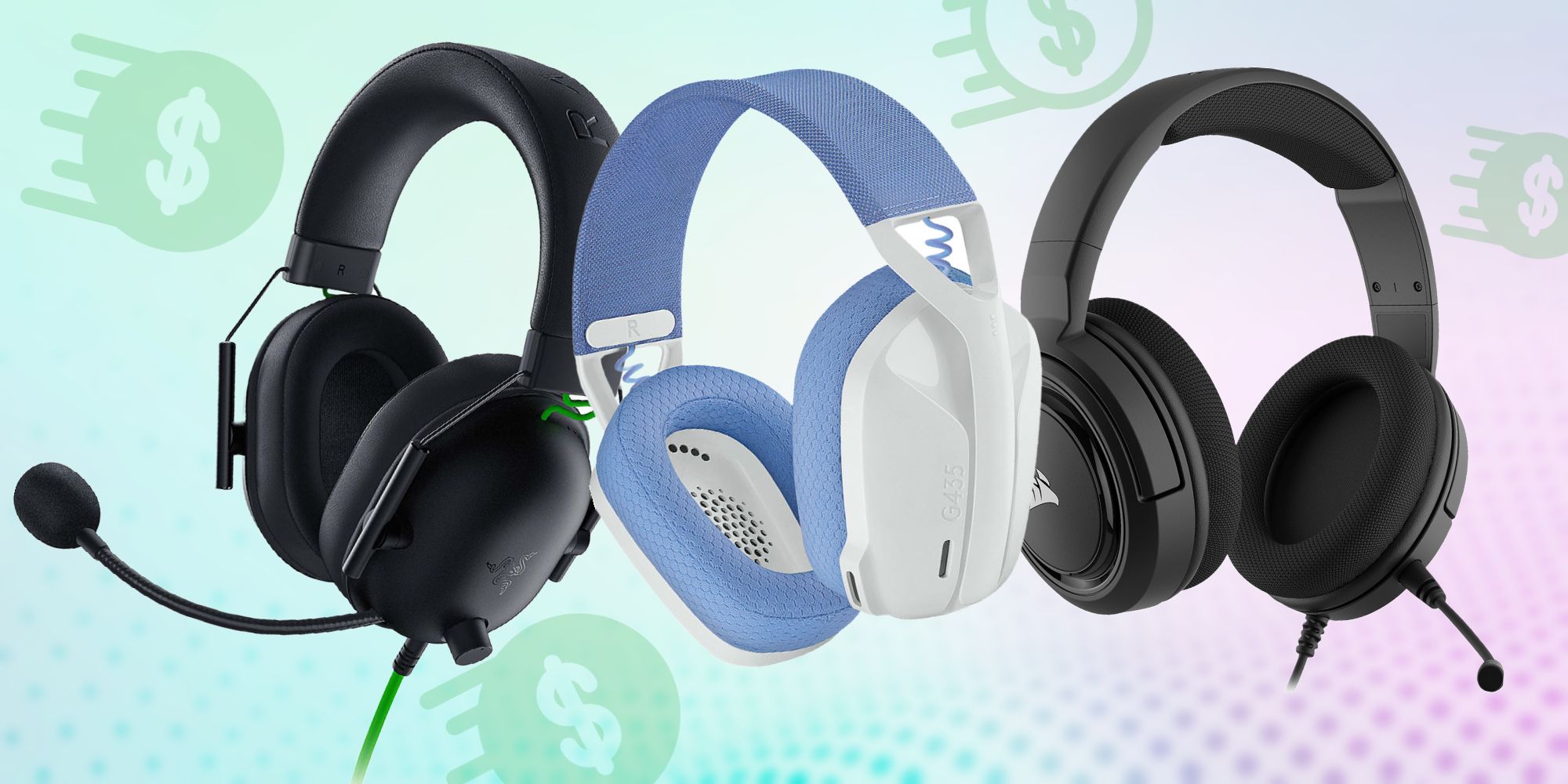 Três headsets para jogos, dois pretos e um branco, são retratados cercados por sinais de dinheiro.