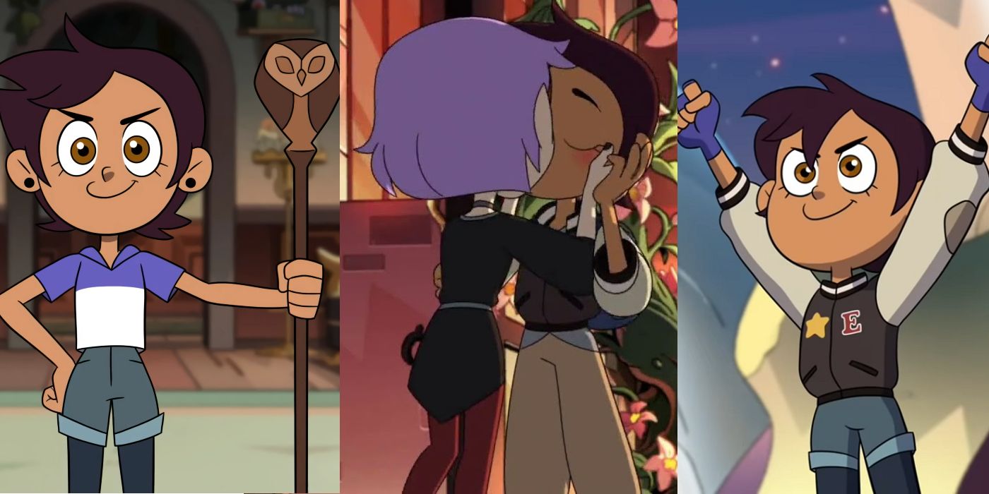 Split image of Luz holding Eda's staff in the owl house, of Luz and Amity kissing, of Luz wearing Eda's varsity jacket with her fists in the air