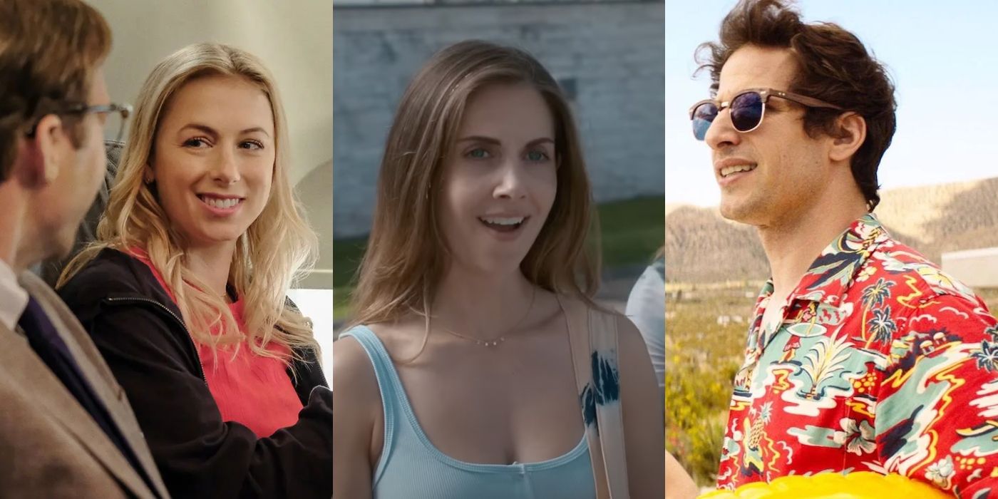 Split image of Andrea in Good On Paper, Amber in Spin Me Round, and Nyles in Palm Springs