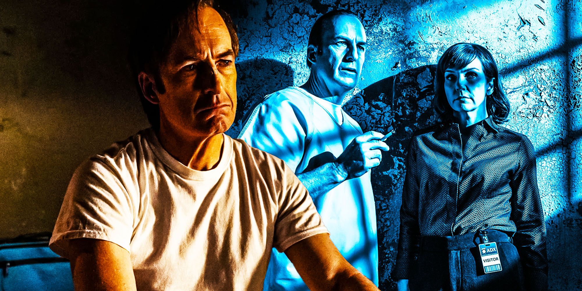 Bob Odenkirk as Jimmy in Better call saul collage with finale shot of kim and jimmy
