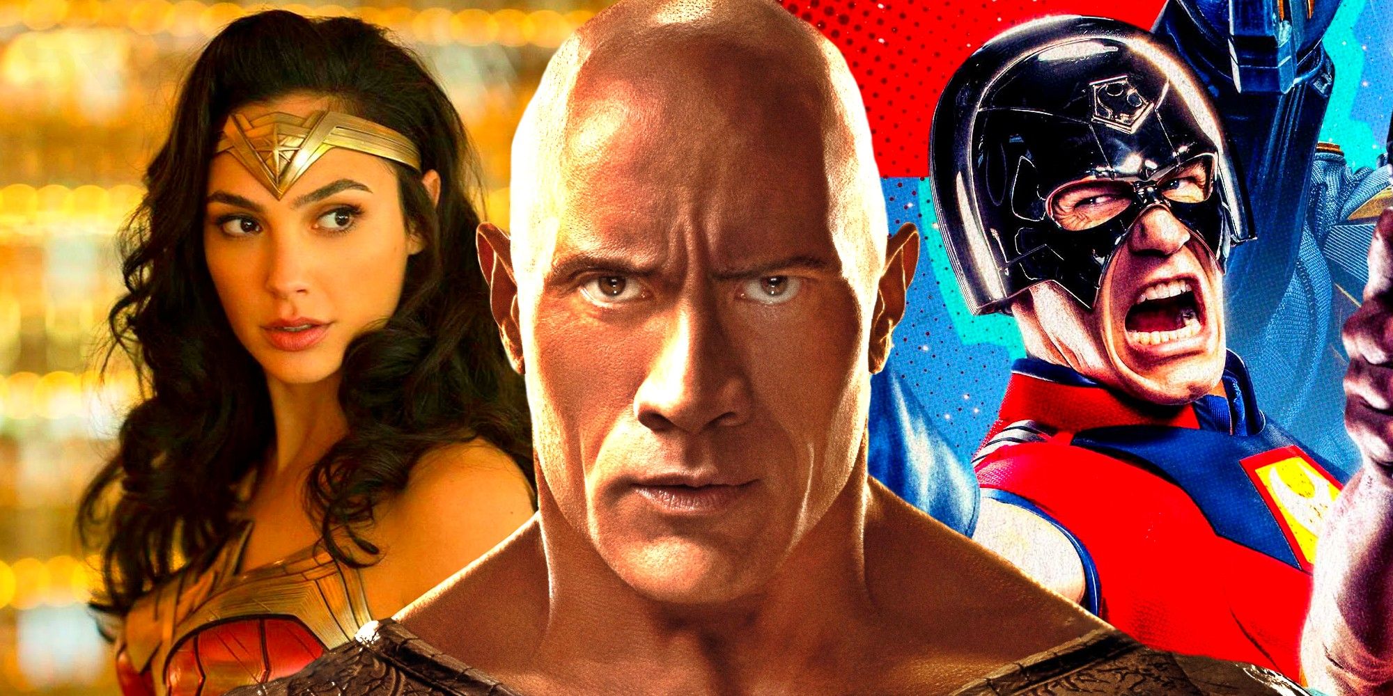 Gal Gadot as Wonder Woman, Dwayne Johnson as Black Adam, and John Cena as Peacemaker
