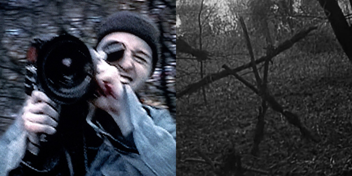 Split image of a man holding a camera and an occult symbol in The Blair Witch Project
