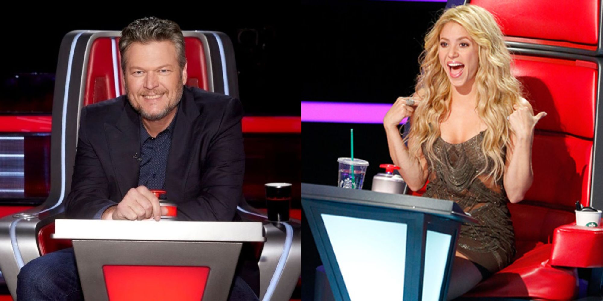 Split image showing Blake Shelton and Shakira in The Voice.
