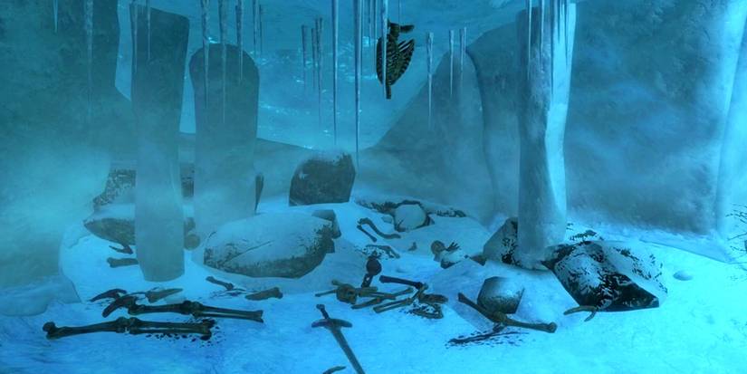 Bleakcoast Cave in Skyrim has a skeleton hanging from the ceiling like Luke Skywalker in The Empire Strikes Back.