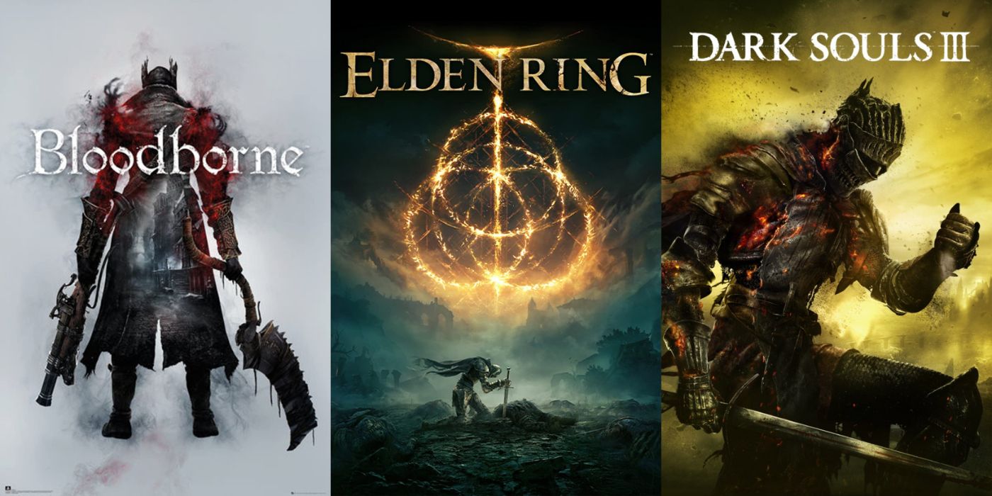 Split image of Bloodborne, Elden Ring, and Dark Souls III key art.