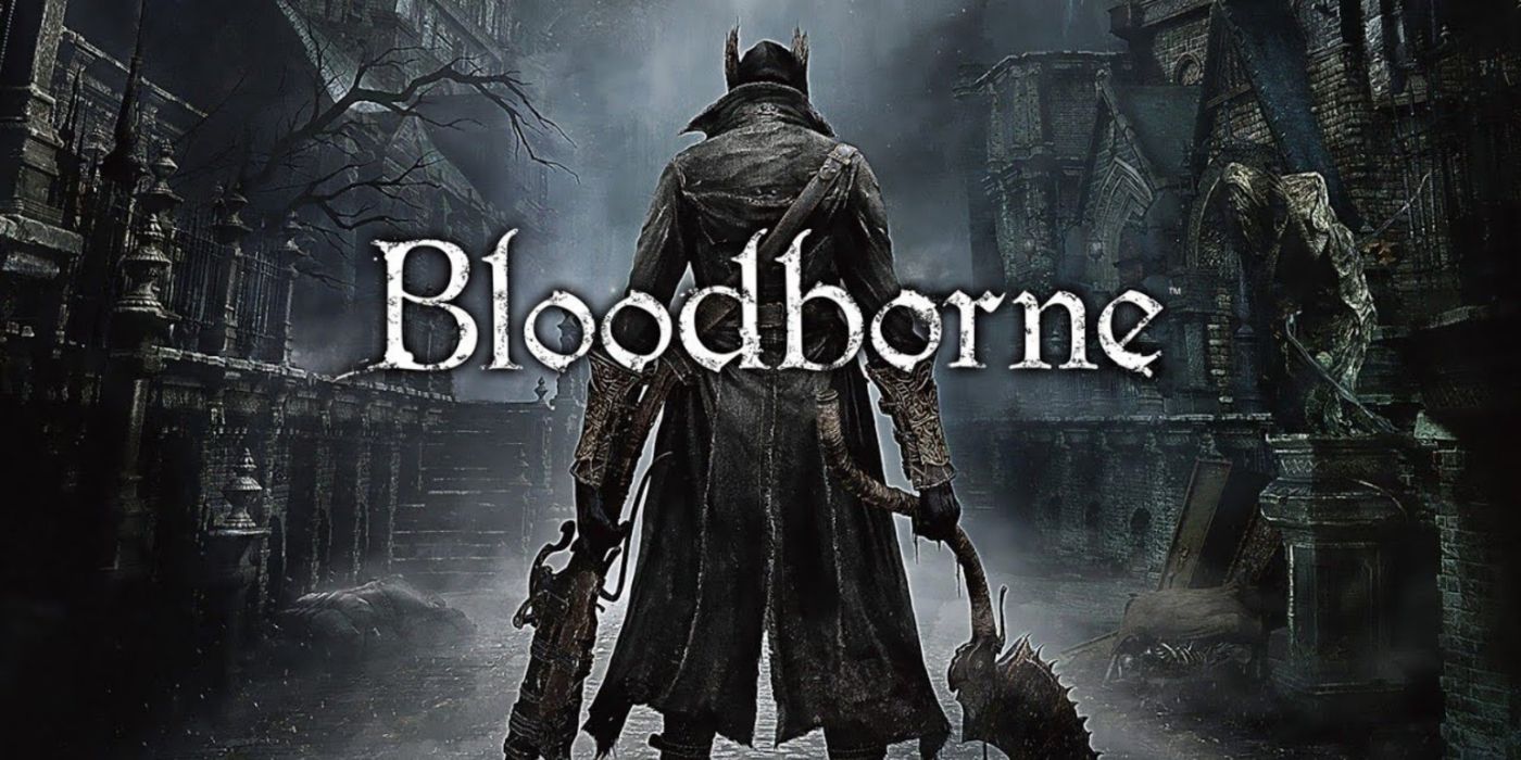 Arte chave de Bloodborne com o caçador enfrentando a cidade gótica de Yharnam.
