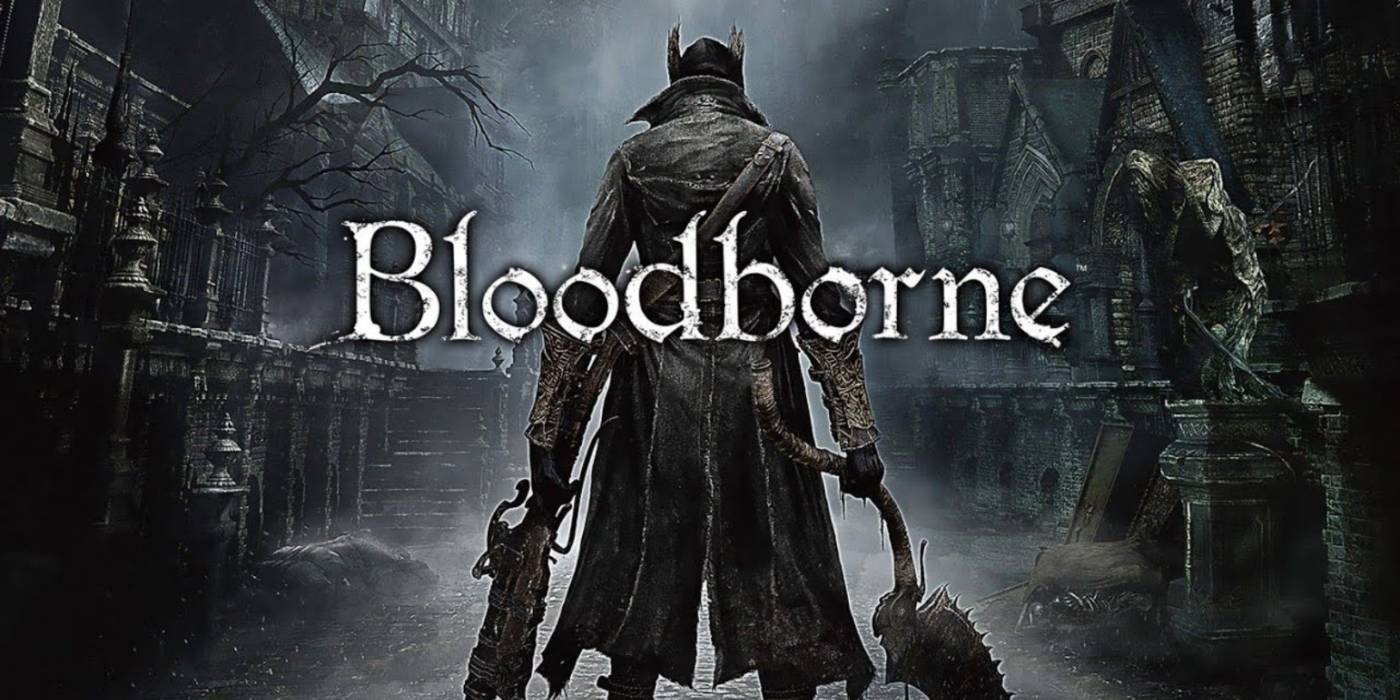 Arte chave de Bloodborne com o caçador enfrentando a cidade gótica de Yharnam.