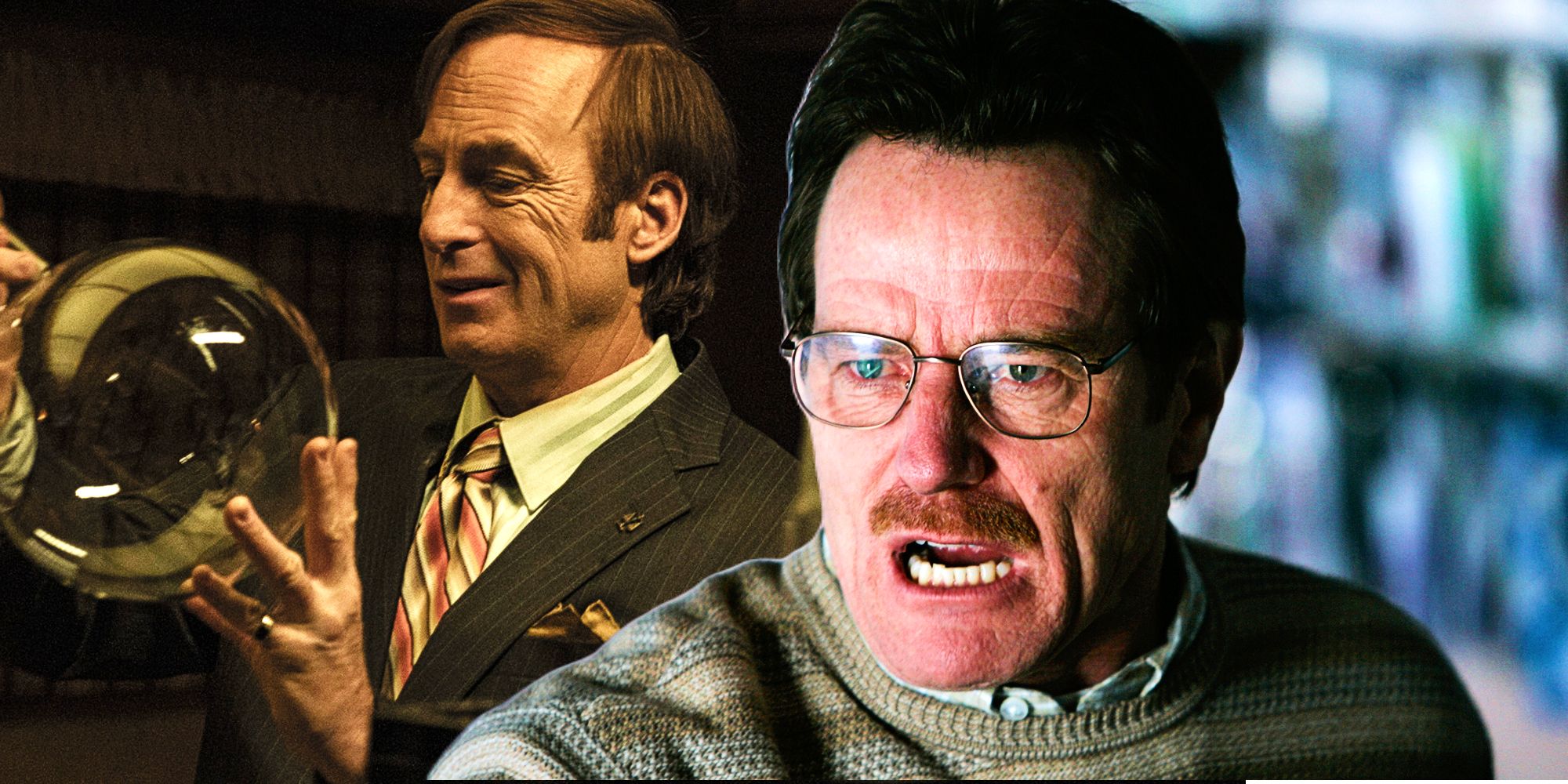 Bob Odenkirk as Saul Goodman in Better Call Saul and Bryan Cranston as Walter White in Breaking Bad