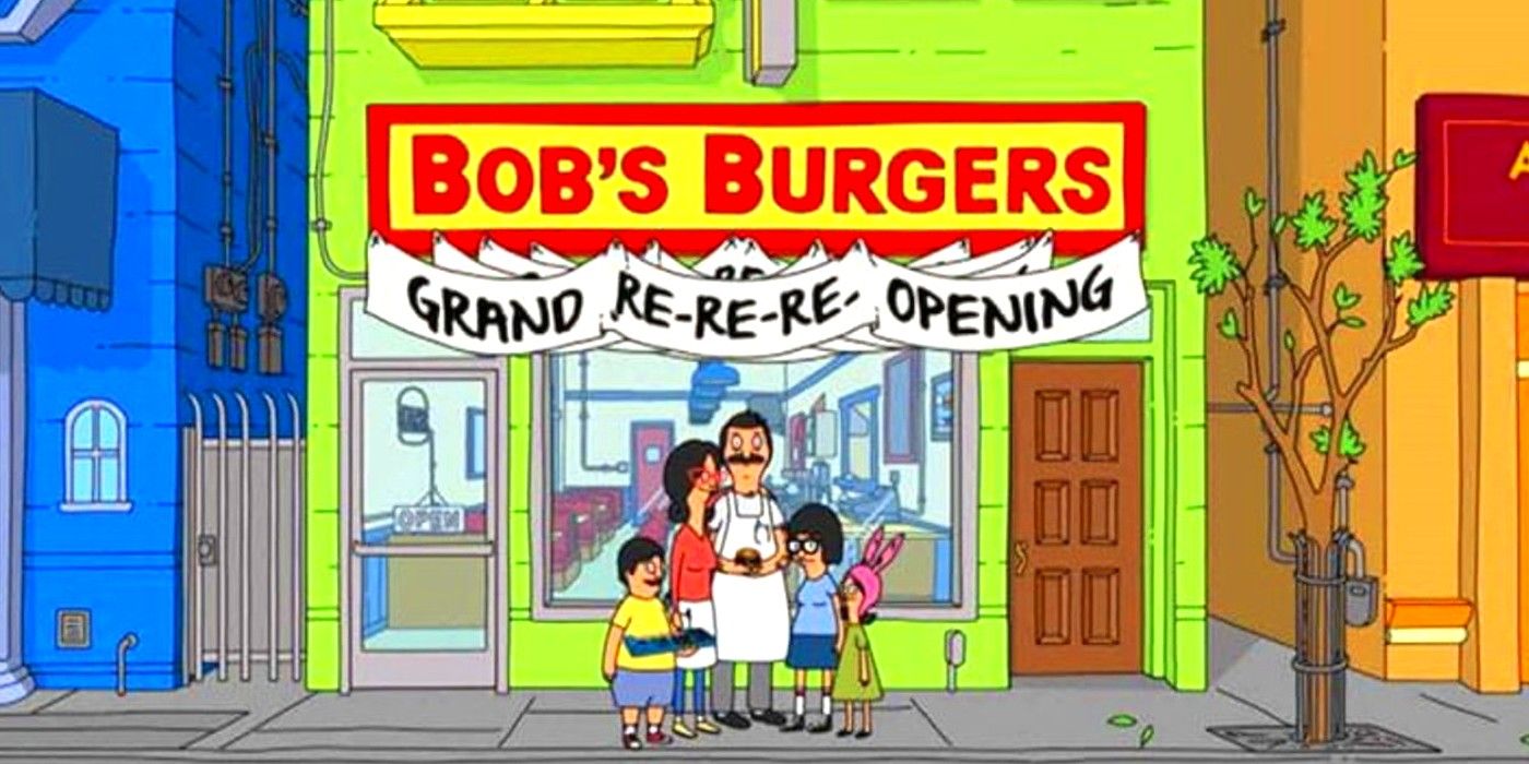The Belchers stand in front of the grand re-re-re opening sign in Bob's Burgers 