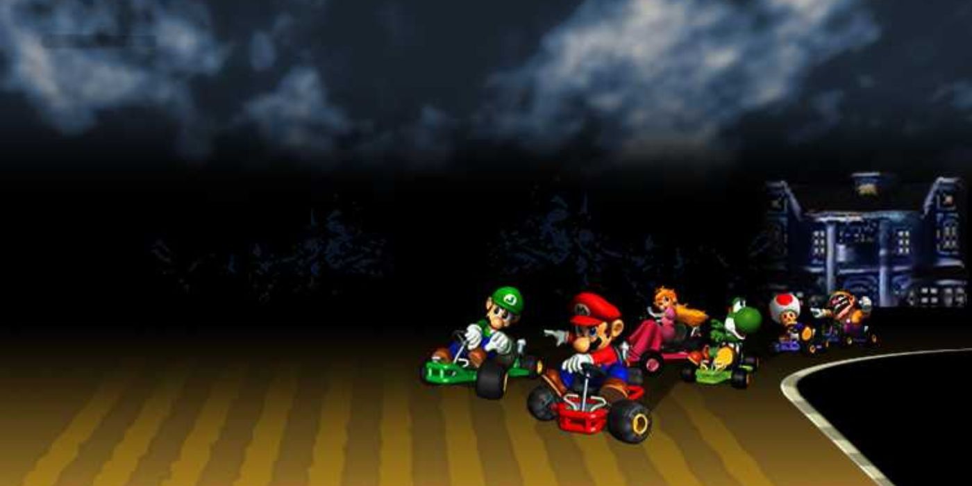 Cahracters racing at Boo Lake in Mario Kart