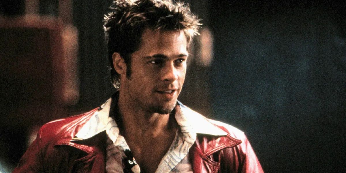 Brad Pitt wearing a red leather jacket in Fight Club