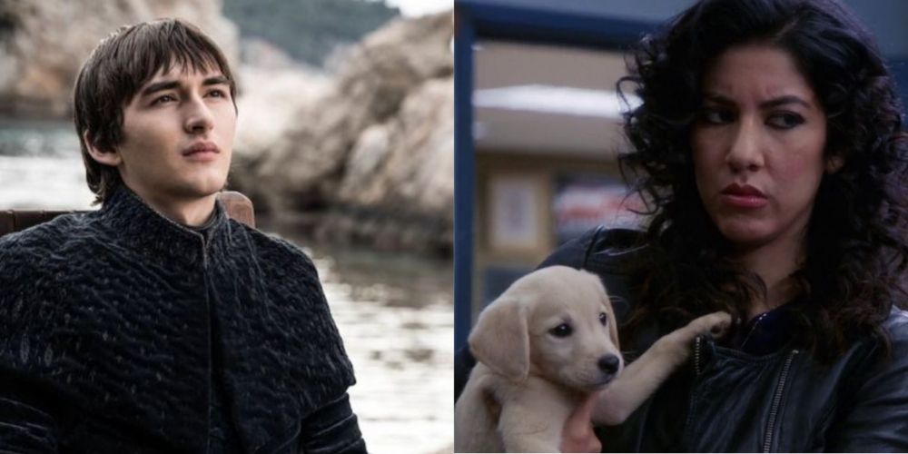 Bran Stark and Rosa Diaz holding a dog
