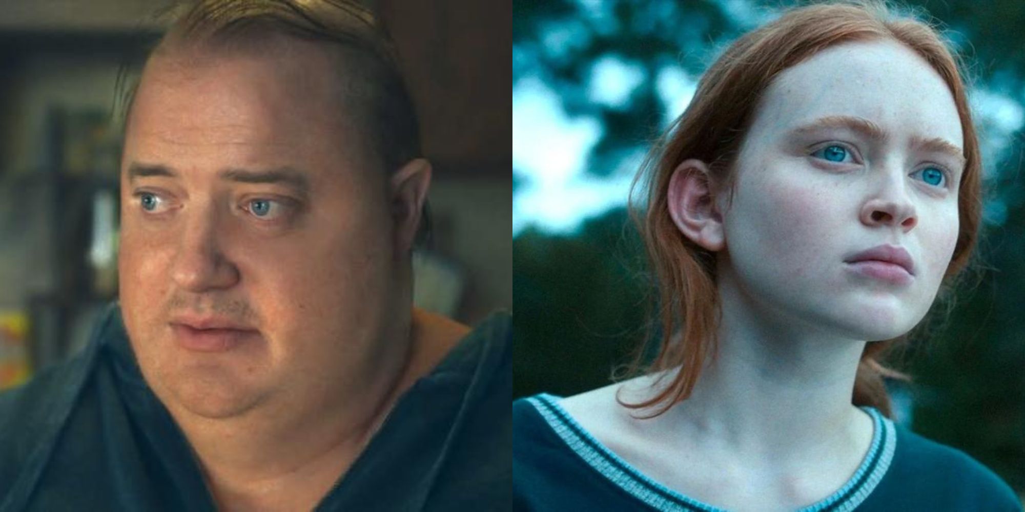 Imagem dividida mostrando Brendan Fraser em The Whale e Sadie Sink em Stranger Things