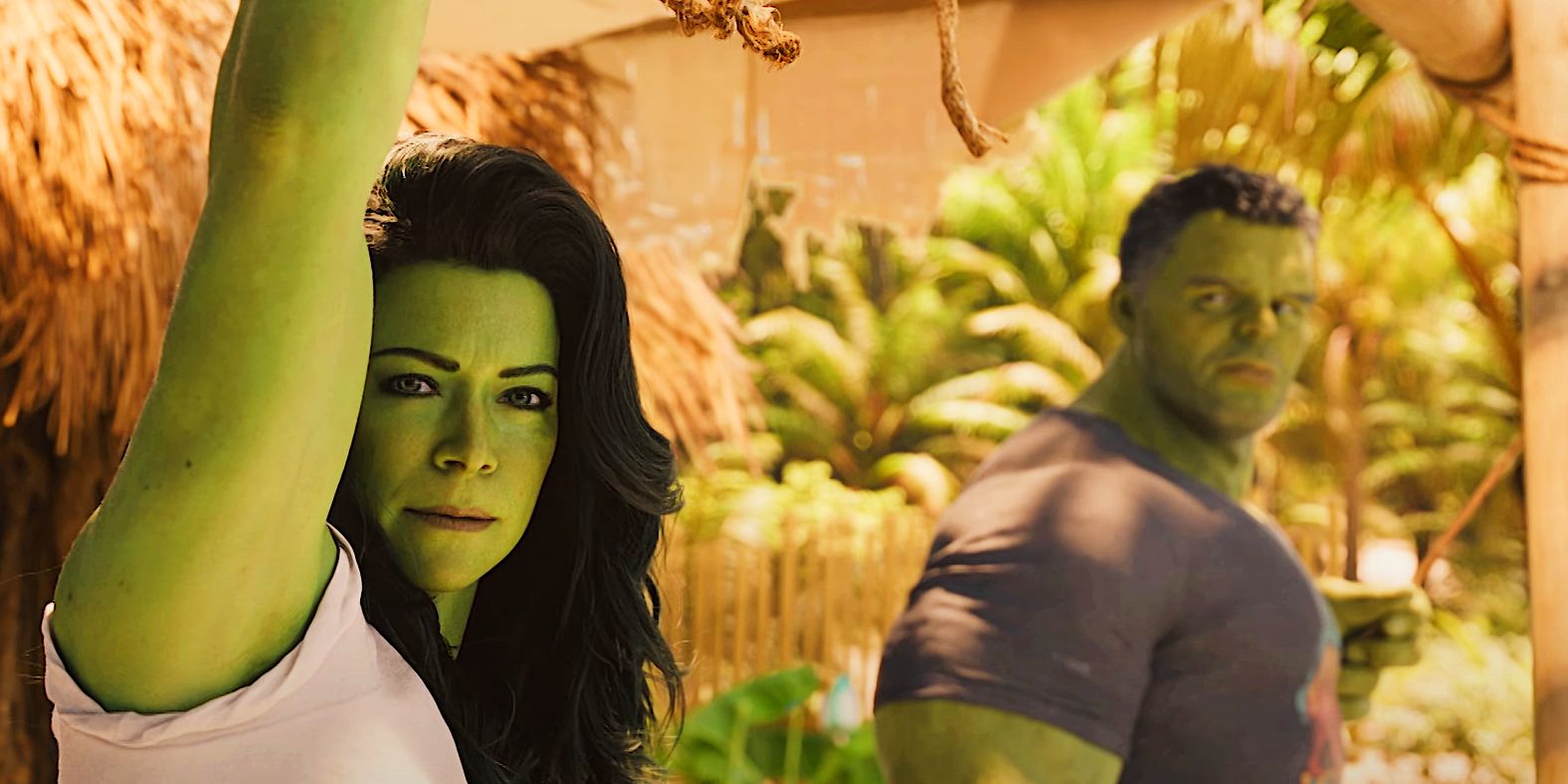 Bruce Banner and Jennifer Walters looking at camera in She-Hulk