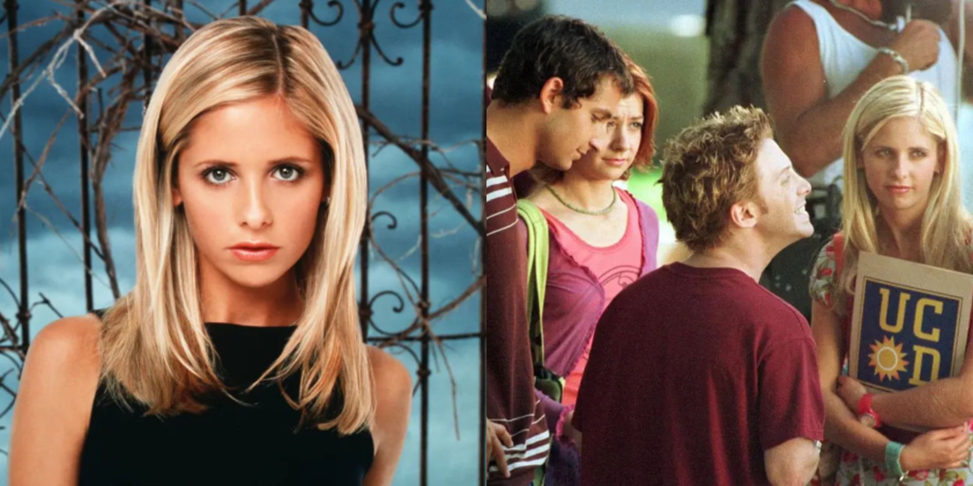 Split image showing Buffy alone and with the Scoobies in Buffy the Vampire Slayer