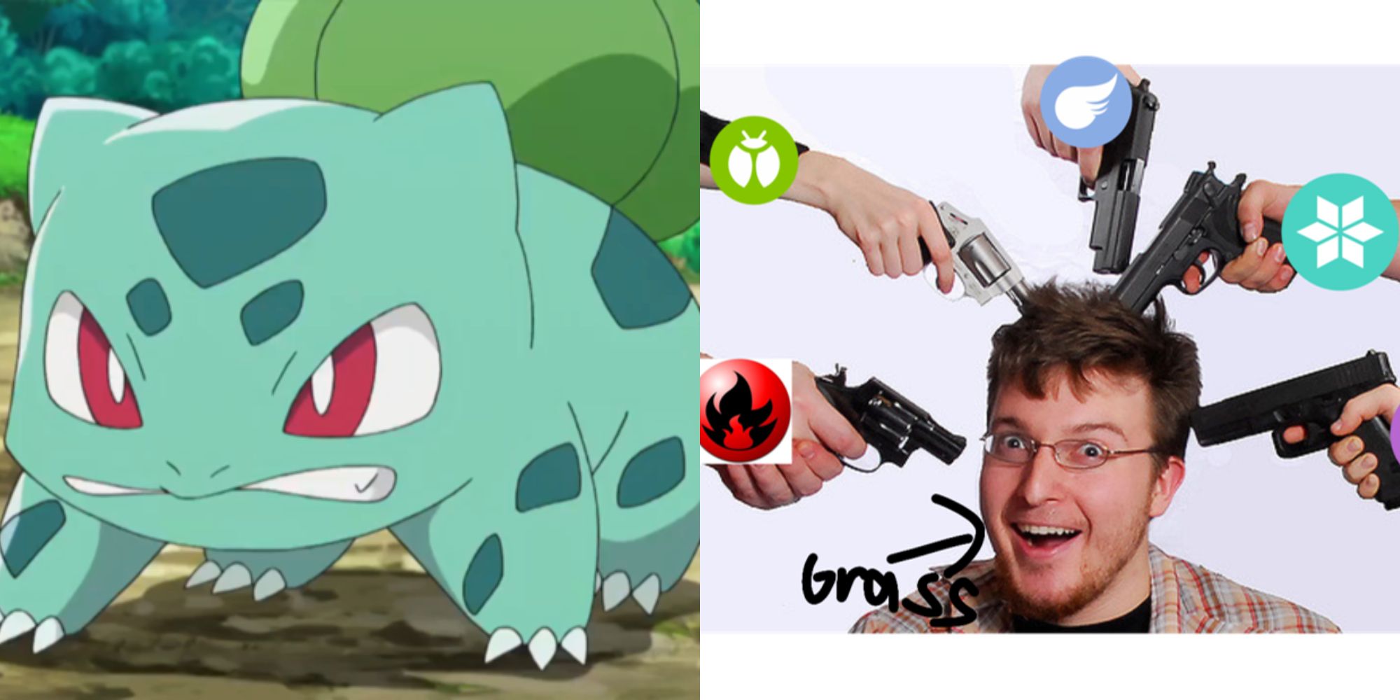 Split image showing Bulbasaur in the Pokémon anime and a meme about Grass-types