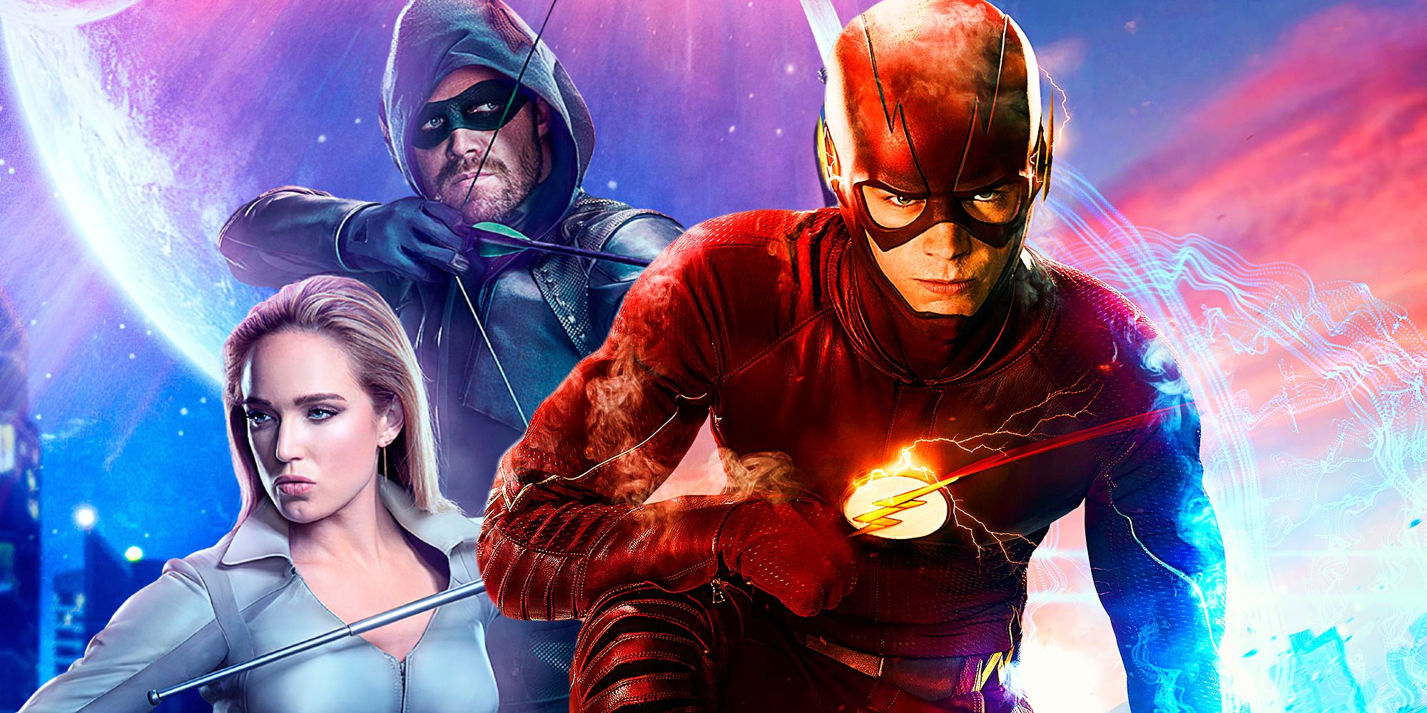 Caity Lotz as Sarah Lance, Stephen Amell as Green Arrow, and Grant Gustin as Flash