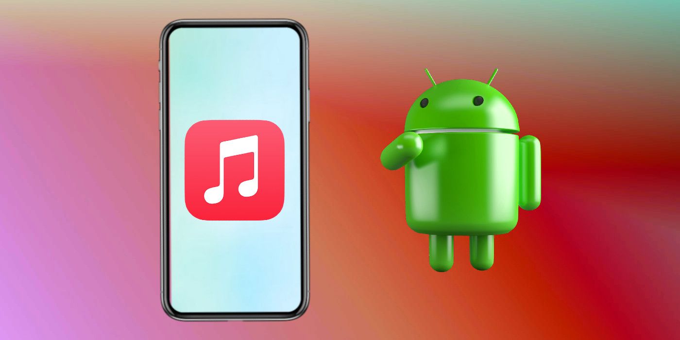 Apple Music logo on an android phone next to the green Android robot