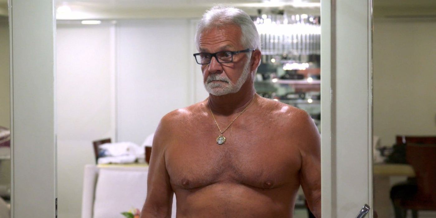Captain Lee shirtless in the laundry room on Below Deck