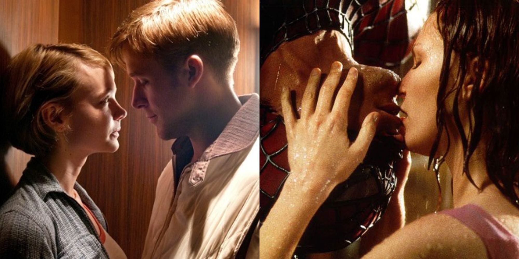 Split image showing kissing scenes from Drive and Spider-Man.