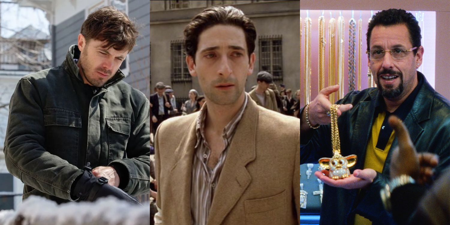 Casey Affleck in Manchester By The Sea, Adrien Brody in The Pianist, and Adam Sandler in Uncut Gems Split Image