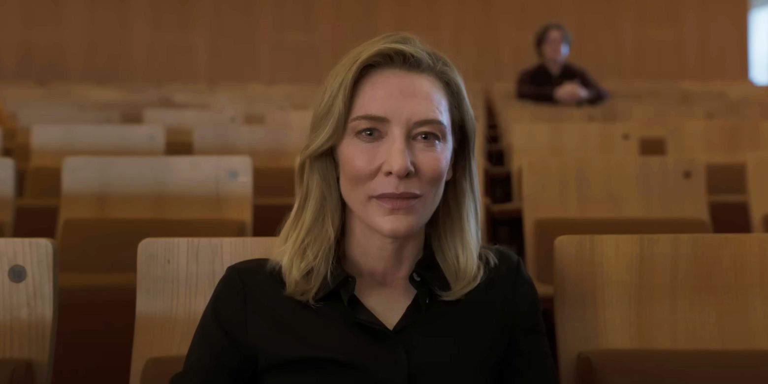 Cate Blanchett seated looking at camera in TAR movie trailer