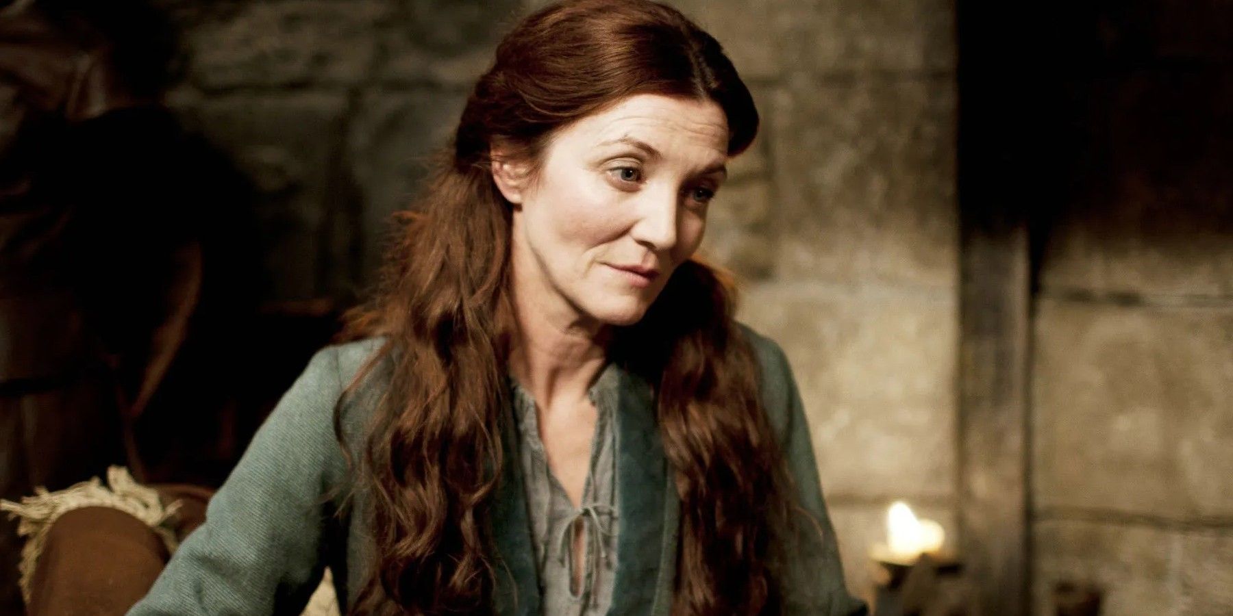 Catelyn Stark looking concerned in Game of Thrones