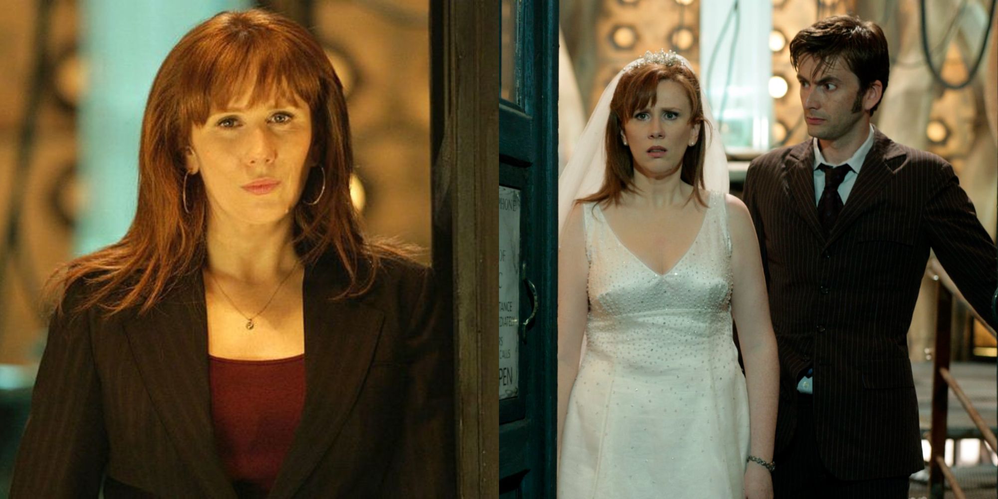 Split image showing Donna alone and with the Doctor in Doctor Who.