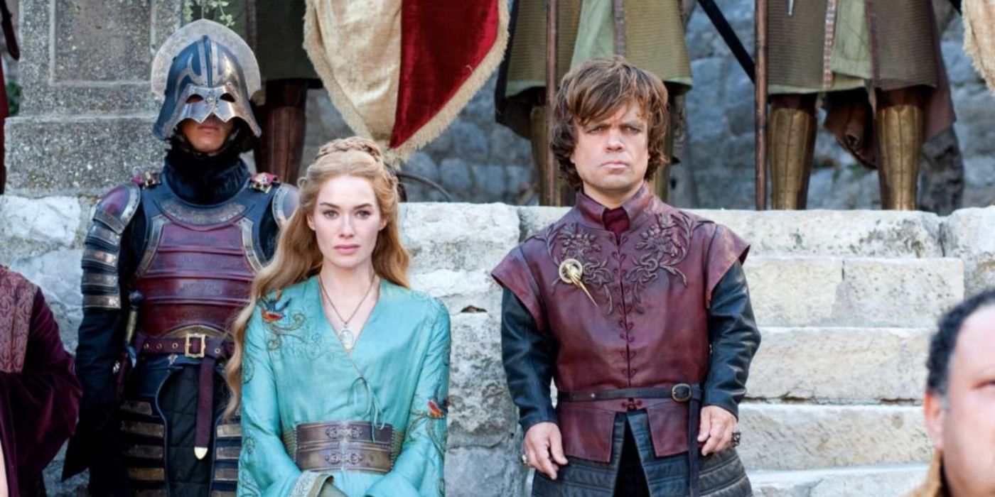 Cersei with Tyrion in their Lannister garb in Game of Thrones.