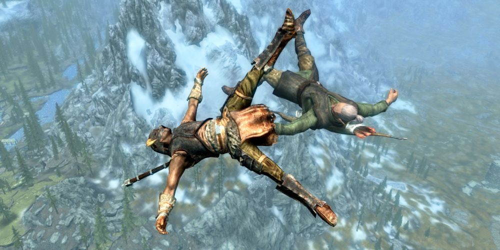 Two bodies falling in Skyrim Chaos Edition
