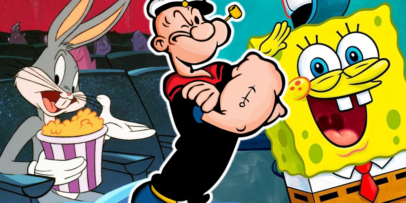 A collage of the famous cartoon characters Bugs Bunny, Popeye, and Spongebob Squarepants.