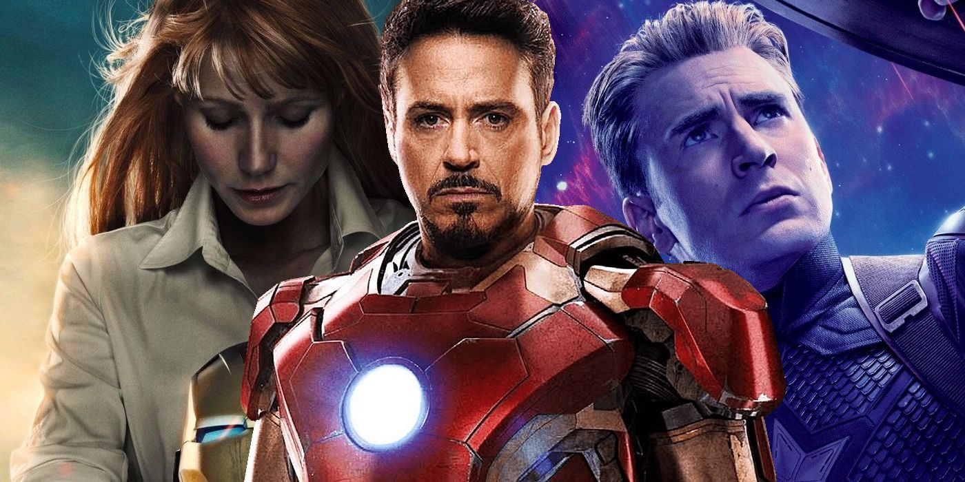 Pepper Potts (Gwyneth Paltrow) looking down, sullen; Iron Man (Robert Downey, Jr.) in armor, helmet off; Captain America (Chris Evans) Endgame poster