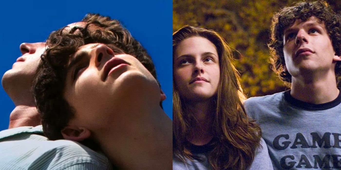 A split image showing characters from Call Me By Your Name and Adventureland