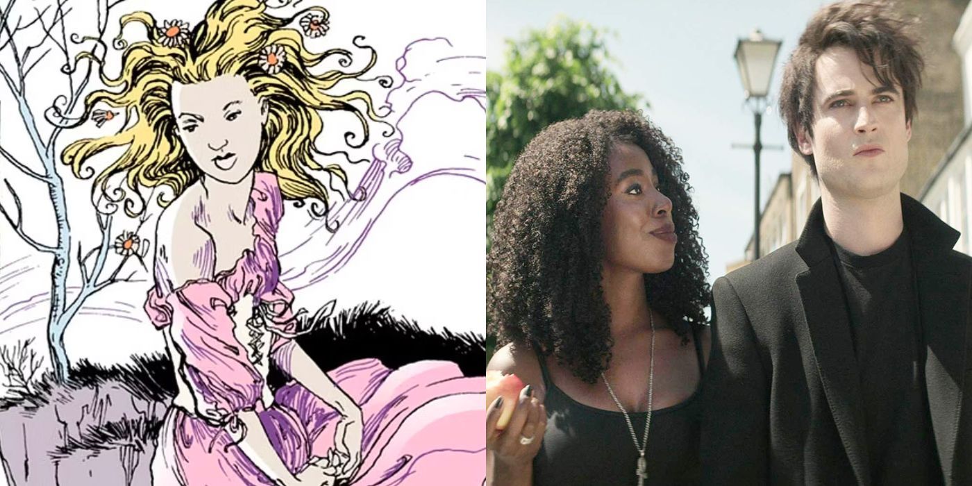 A split image showing characters from the Sandman comics and show