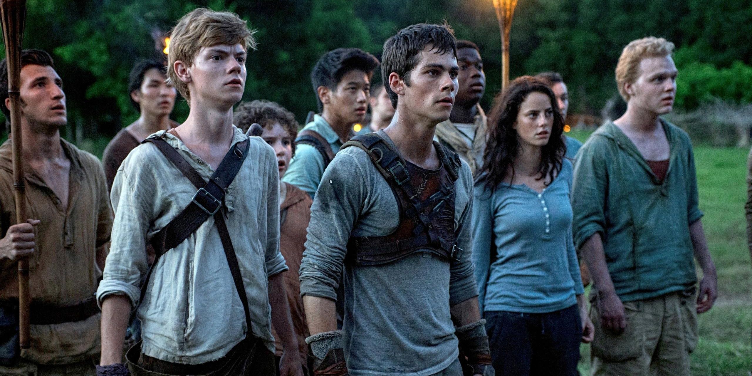 Characters standing in a field in The Maze Runner 