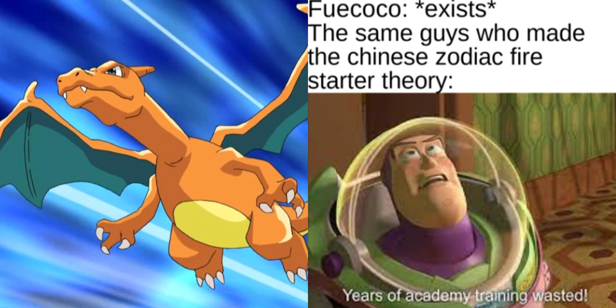 Split image showing Charizard in the Pokémon anime and a meme about Fuecoco.