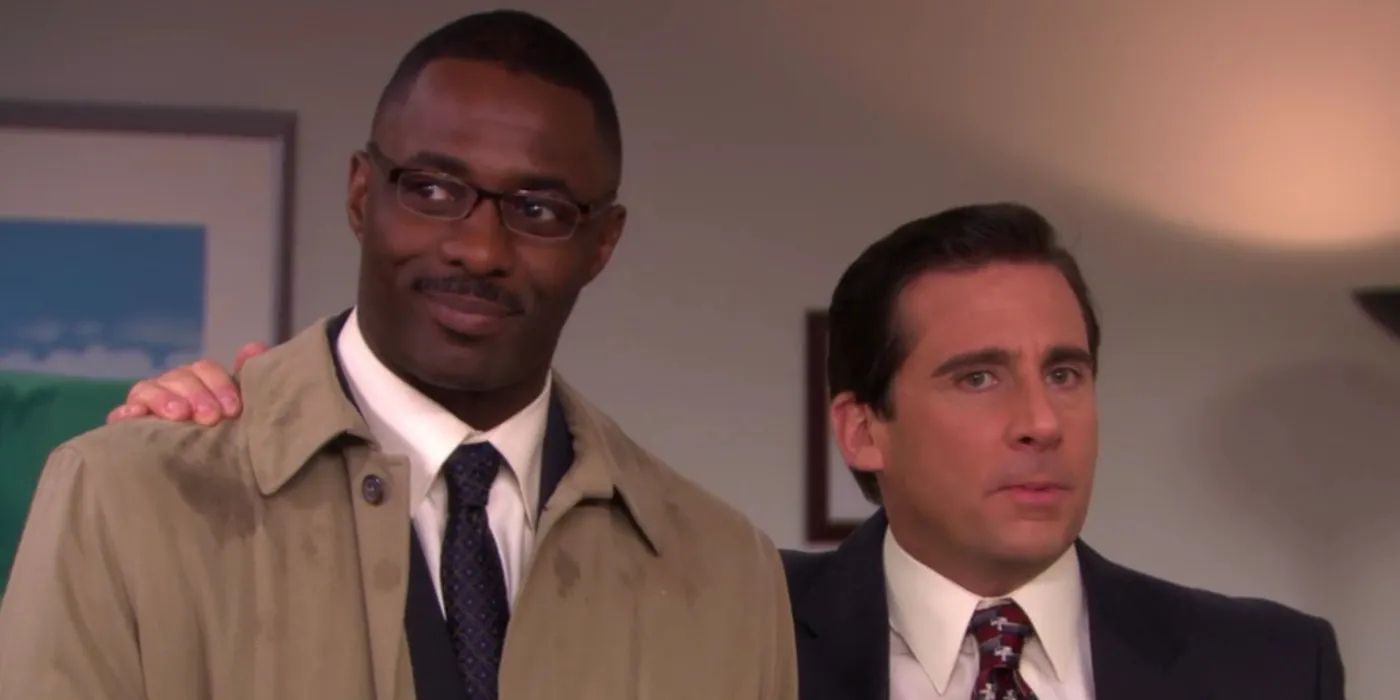 Michael (Steve Carell) with his arm around Charles (Idris Elba) in The Office season 5