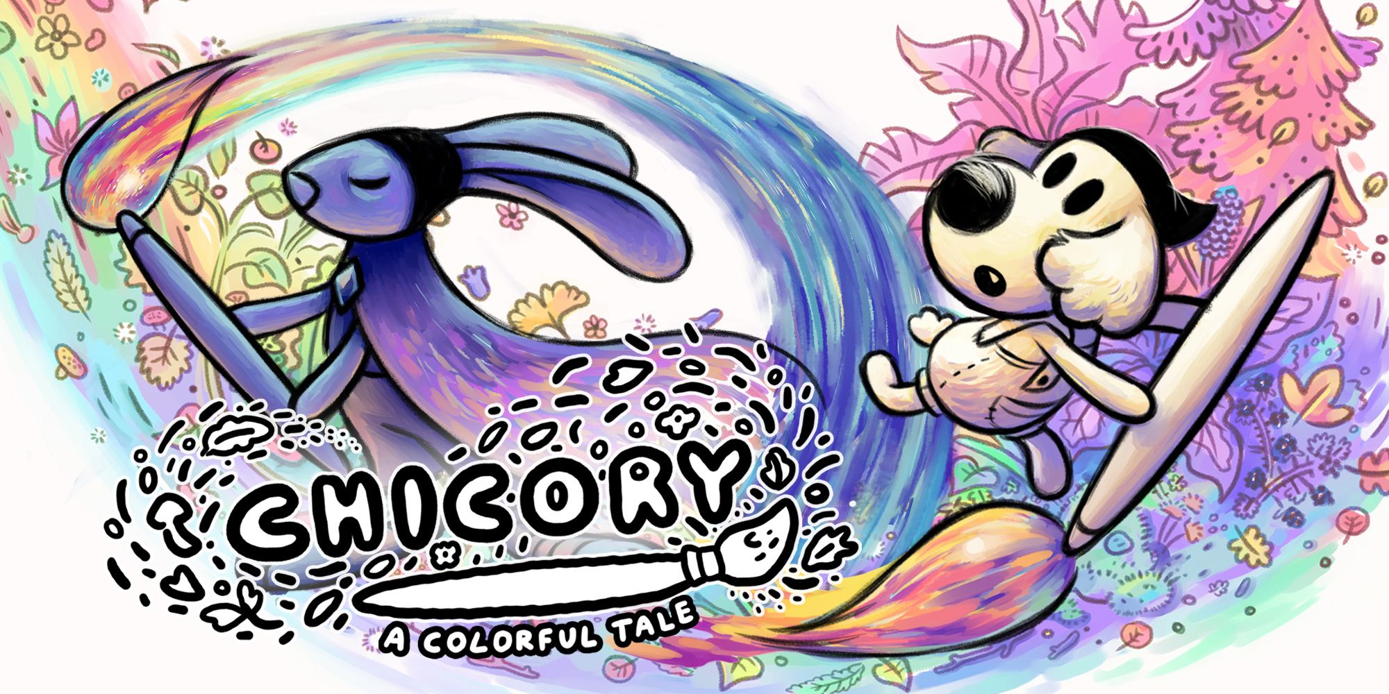 Arte principal de Chicory A Colorful Tale mostrando um cachorro e um coelho com um pincel.