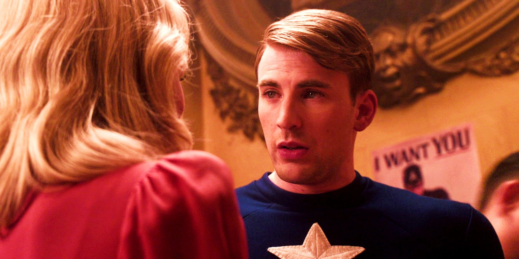 Chris Evans looks at a pretty woman in Captain America The First Avenger