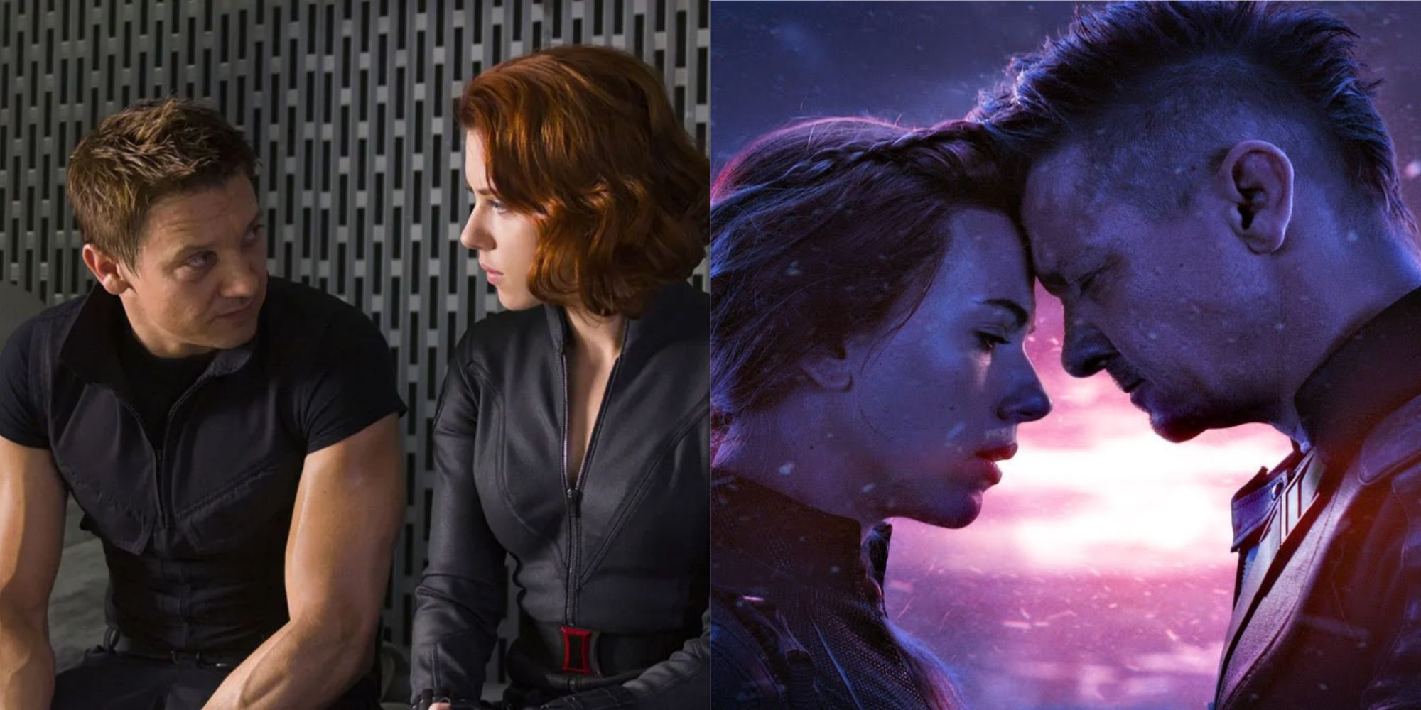 Split image of Clint and Natasha in Avengers and Avengers Endgame